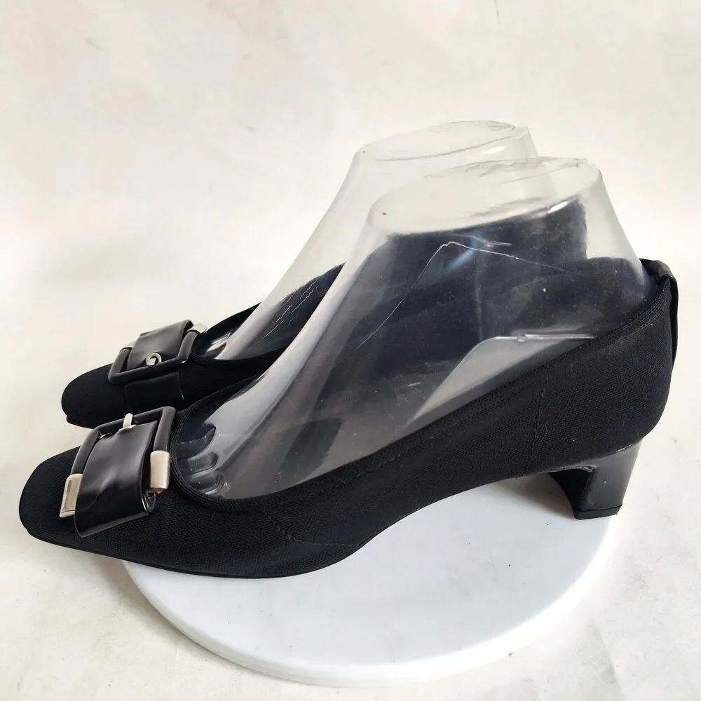 Stuart Weitzman Black Leather Sole Low Blocks Heels Size‎ 6 M Mesh Pumps Buckles